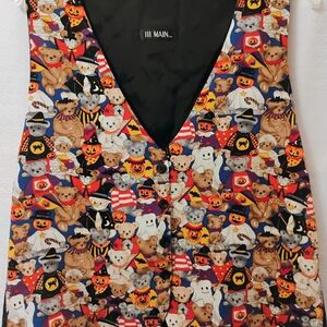 Vtg 111 MAIN Halloween Vest Bears Pumpkins Womens L Button Up Multicolor
